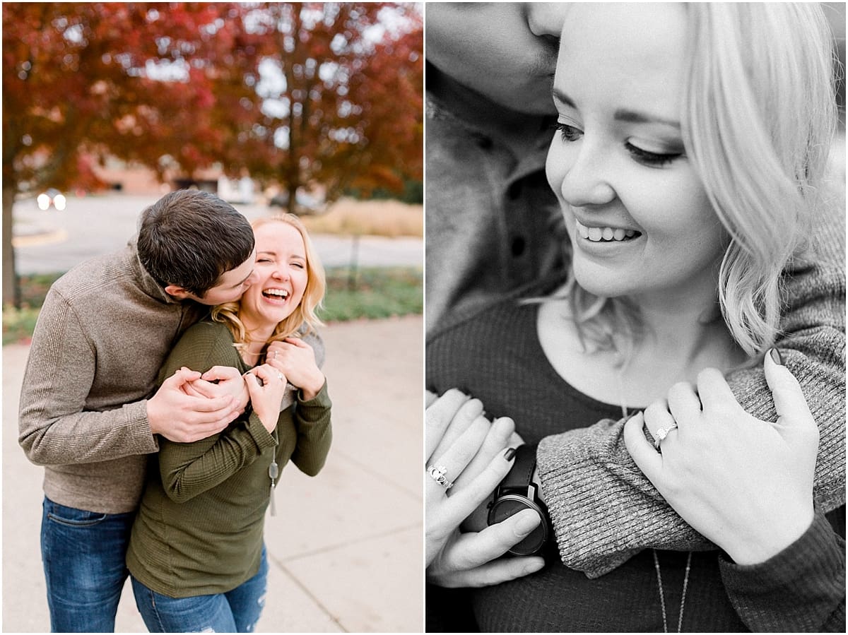 Arielle Peters Photography | Couple kissing and taking fall engagement photos at Purdue University.