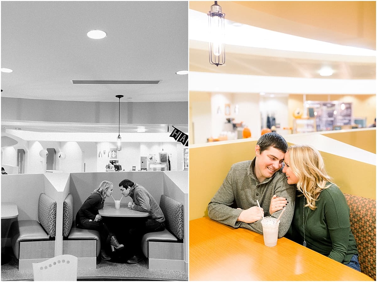 Arielle Peters Photography | Couple drinking milkshakes during fall engagement photos at Purdue University.
