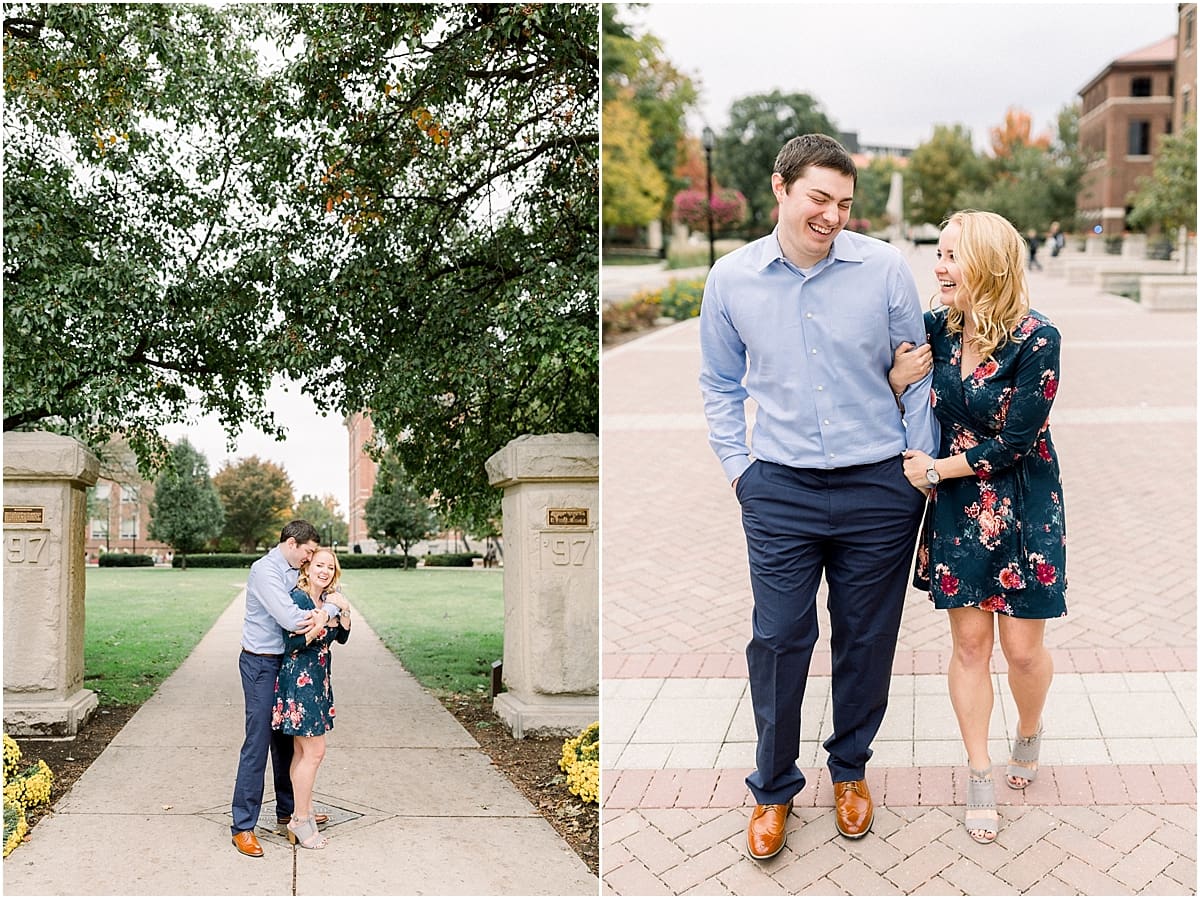 Arielle Peters Photography | Couple laughing and taking fall engagement photos at Purdue University.