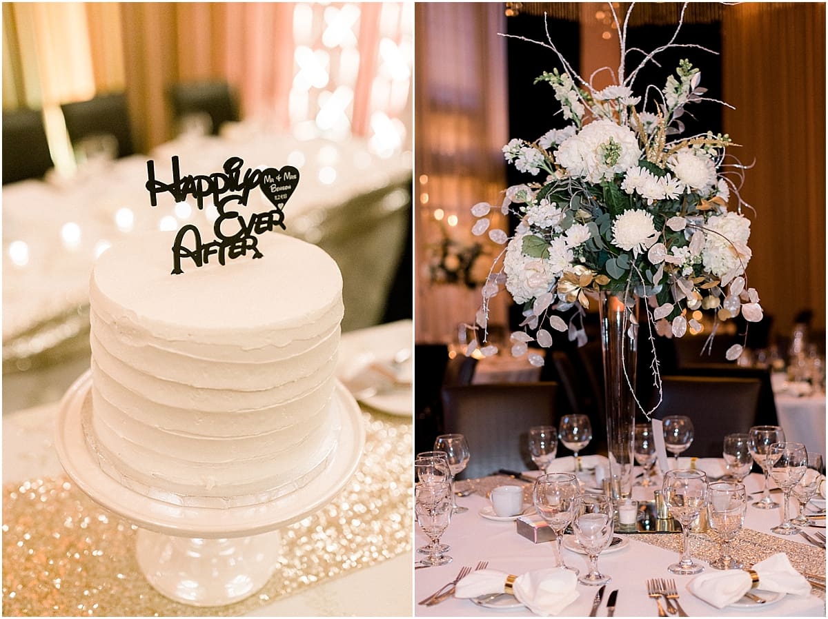 Arielle Peters Photography | Wedding centerpieces and wedding cake in reception hall.