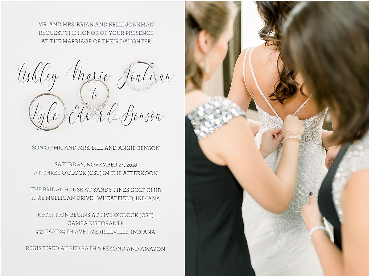 Arielle Peters Photography | Wedding invitation and bride getting dressed on wedding day.