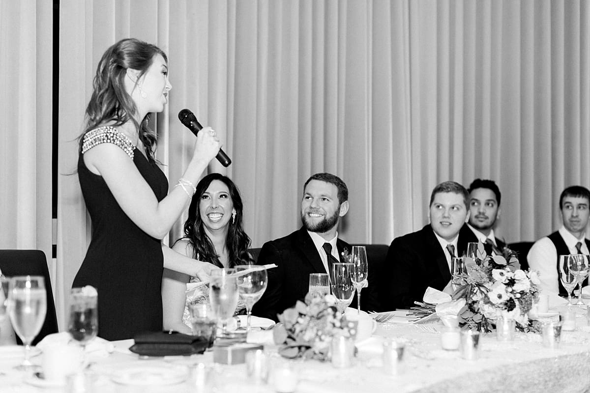 Arielle Peters Photography | Maid of honor giving speech and bride and groom laughing during wedding reception.