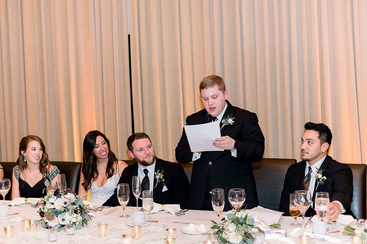 Arielle Peters Photography | Best man giving speech at wedding reception and bride and groom laughing.
