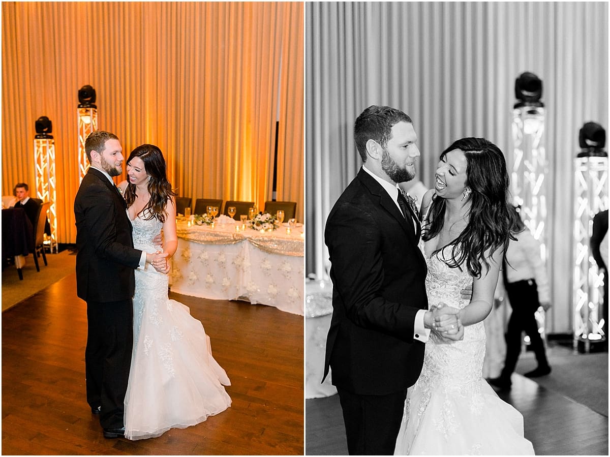 Arielle Peters Photography | Bride and groom sharing their first dance and laughing at their wedding reception.