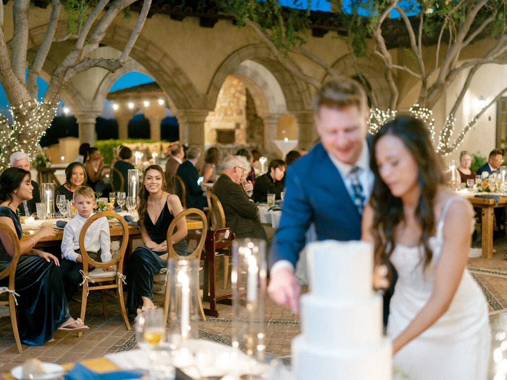 Bride and groom cutting their wedding cake
