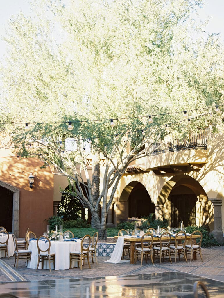 Romantic candlelit Blackstone Country Club wedding reception in The Courtyard