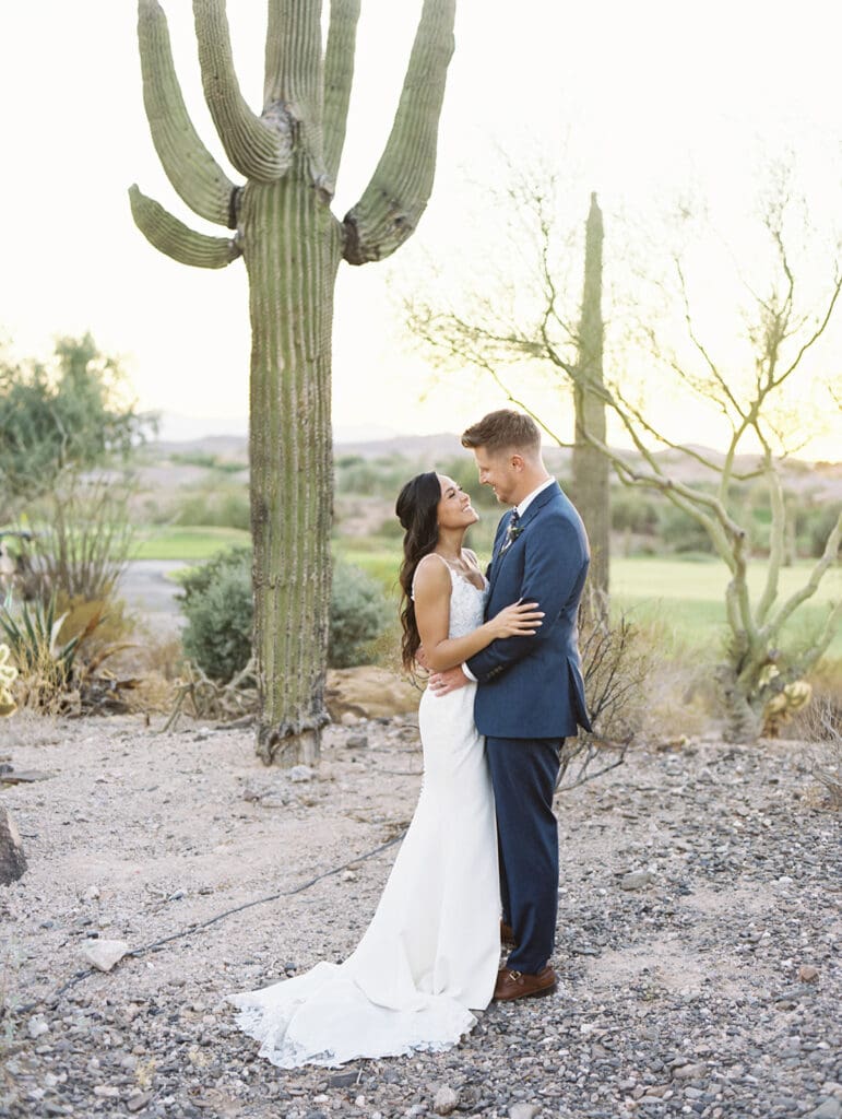Bride and grooms sunset wedding portraits at Blackstone Country Club - Arizona desert wedding venue. 