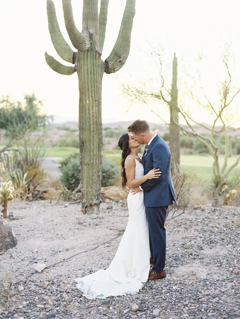 Bride and grooms sunset wedding portraits at Blackstone Country Club - Arizona desert wedding venue. 