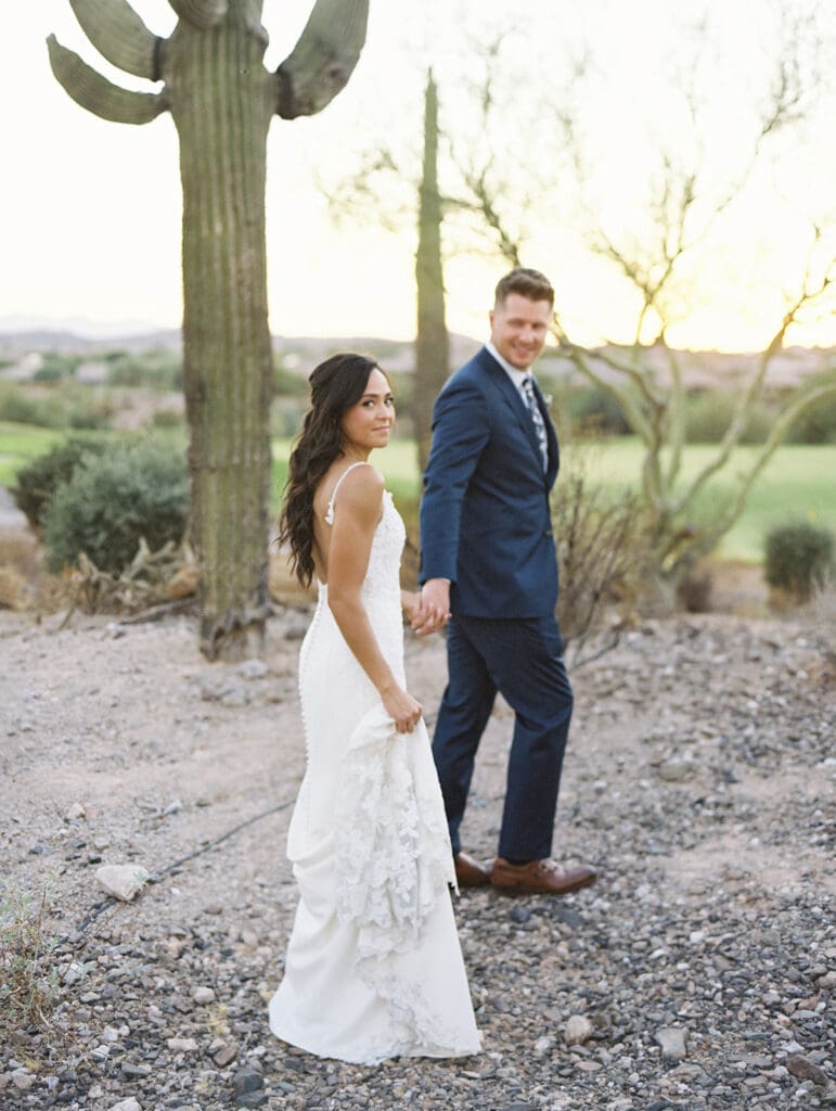 Bride and grooms sunset wedding portraits at Blackstone Country Club - Arizona desert wedding venue. 