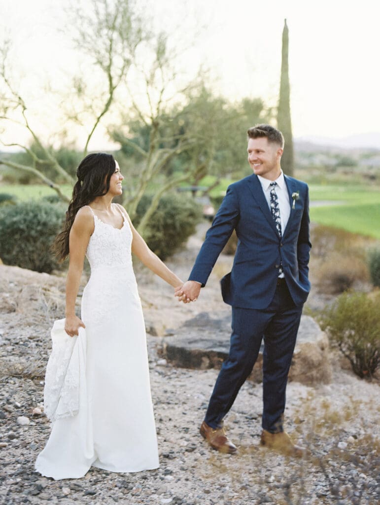 Bride and grooms sunset wedding portraits at Blackstone Country Club - Arizona desert wedding venue. 