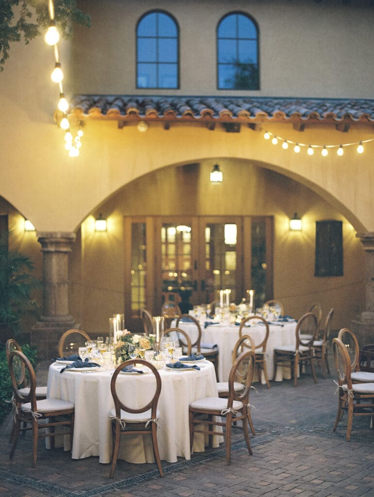 Romantic candlelit Blackstone Country Club wedding reception in The Courtyard