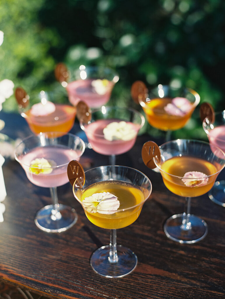 Wedding cocktails with flower petals. 