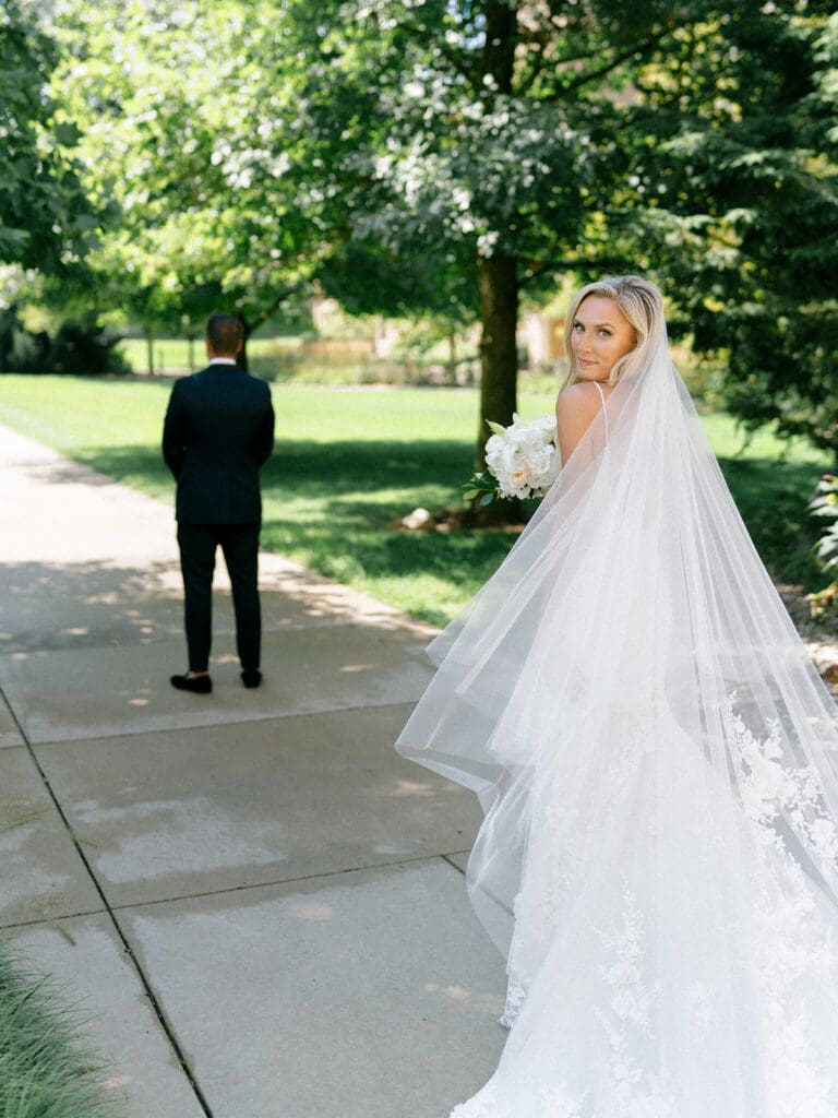 Bride and groom about to share their first looks before their Notre Dame wedding in Indiana