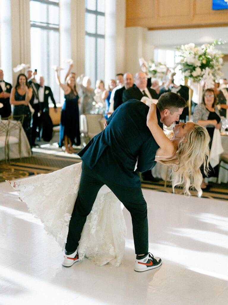 Bride and grooms entrance dance for their Notre Dame wedding reception in Dahnke Ballroom