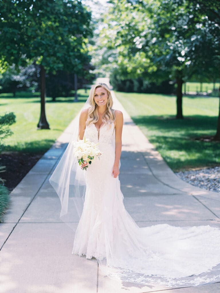 Outdoor bridal portraits at University of Notre Dame in Indiana captured on film.