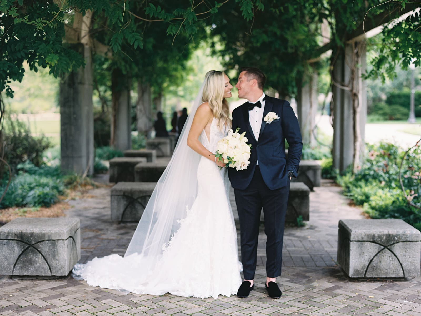 Bride and grooms Notre Dame wedding portraits outside captured on film