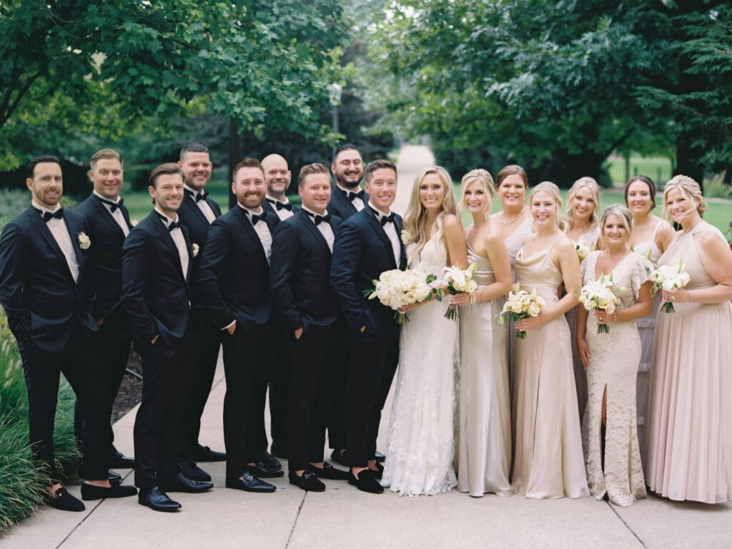 Full wedding party portraits outside of University of Notre Dame in Indiana