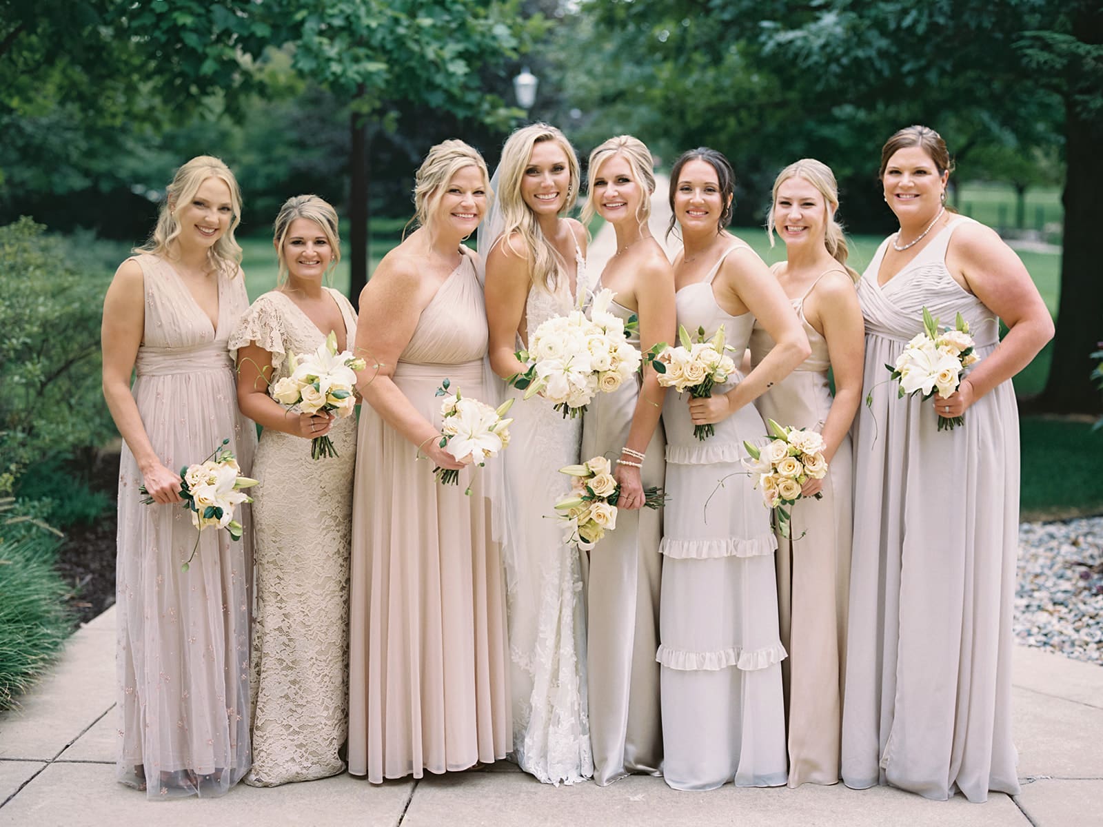 Bride and bridesmaids portraits from am elegant summer Notre Dame wedding in Indiana