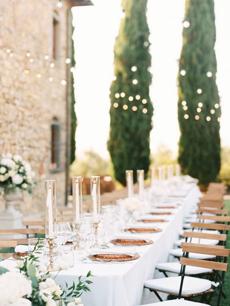 An outdoor summer wedding reception at Villa Petrea in Italy.