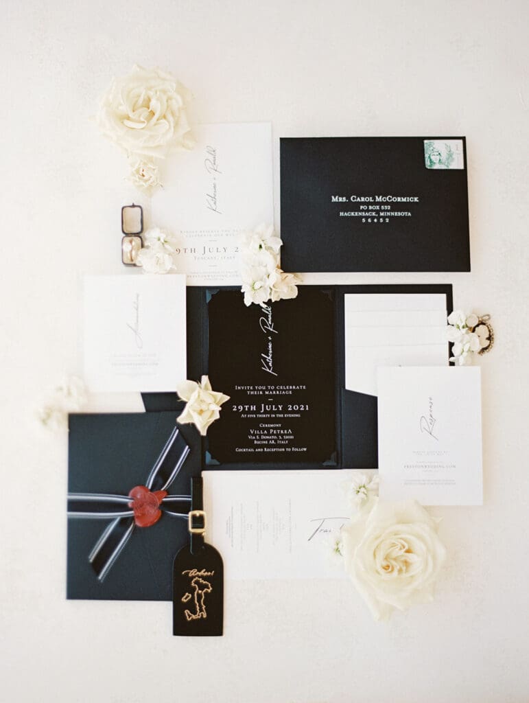 Tuscany, Italy wedding invitation suite flatlay shot.