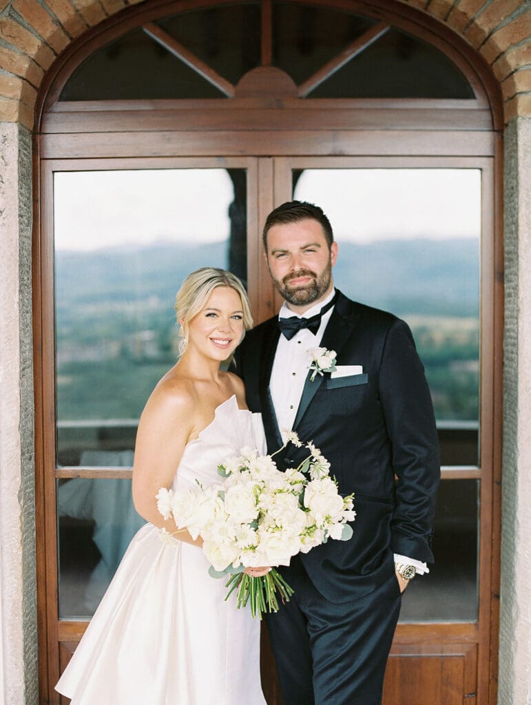 Bride and grooms portraits from their summer wedding in Tuscany, Italy at Villa Petrea