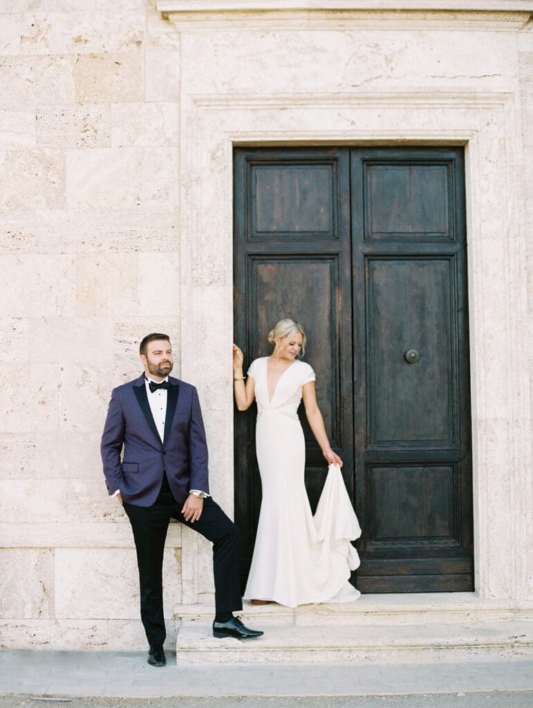 Sunrise bride and groom portraits at Chapel Vitalenta in Sienna, Italy