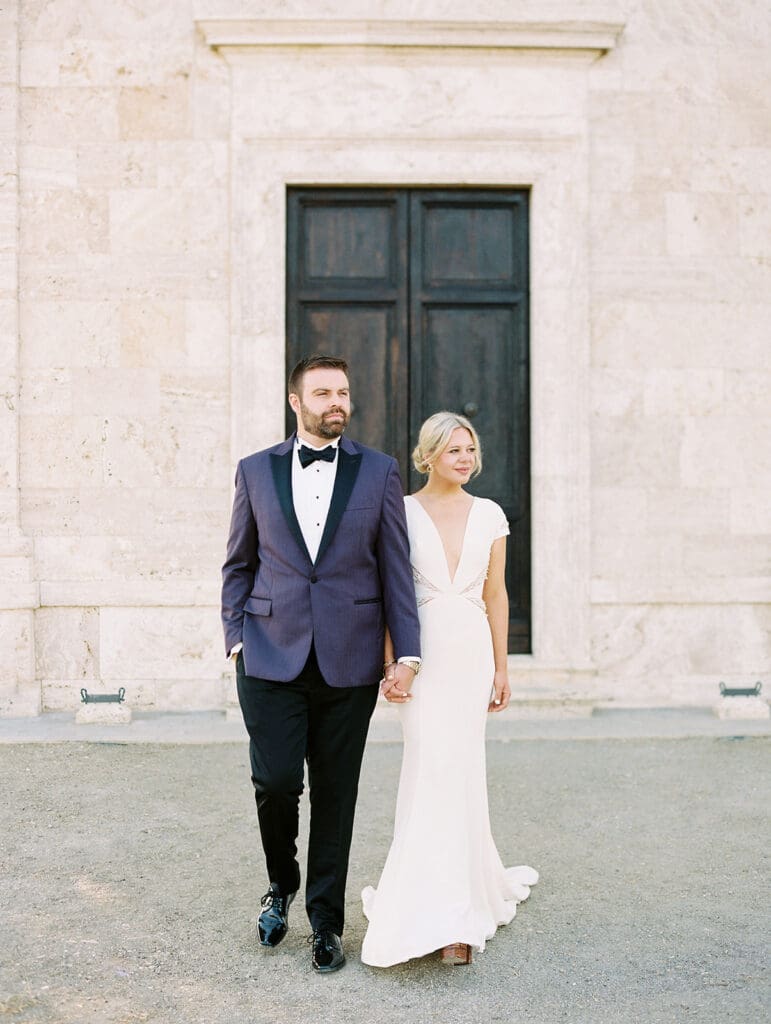 Sunrise bride and groom portraits at Chapel Vitalenta in Sienna, Italy