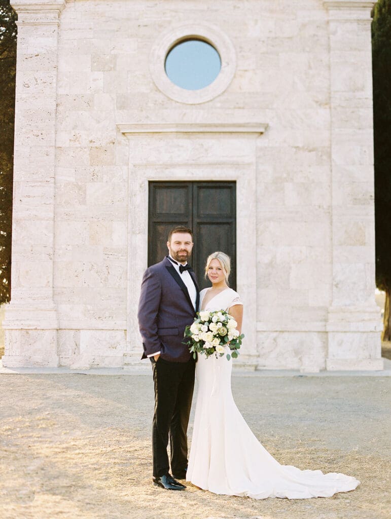 Sunrise bride and groom portraits at Chapel Vitalenta in Sienna, Italy