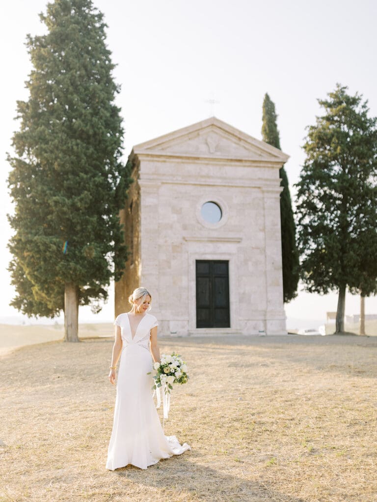 Sunrise bridal portraits at Chapel Vitalenta in Sienna, Italy
