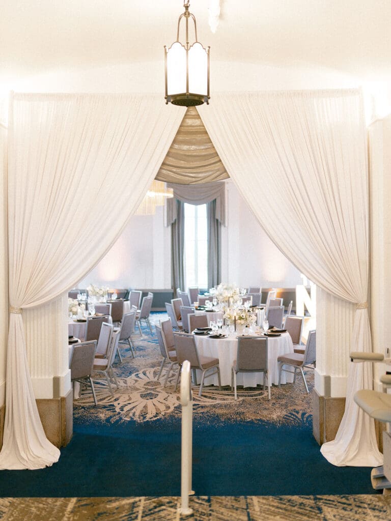 An elegant indoor wedding reception at Hotel Elkhart in Elkhart, Indiana