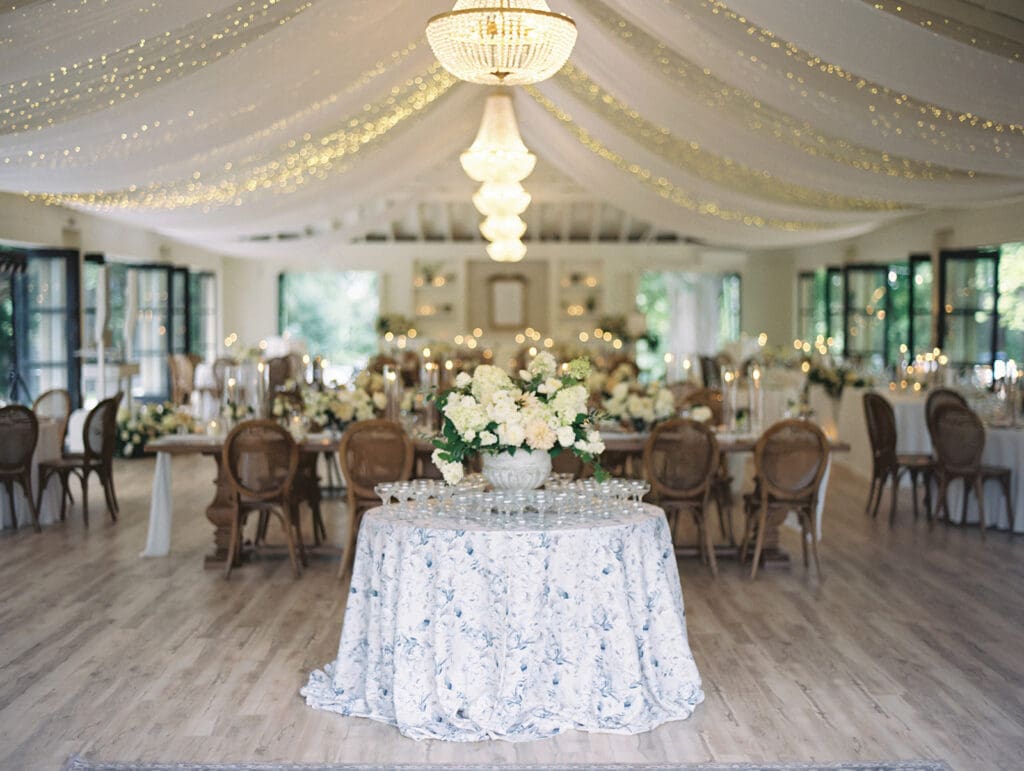 An elegant indoor Greencrest Manor wedding reception in the celebration house. 