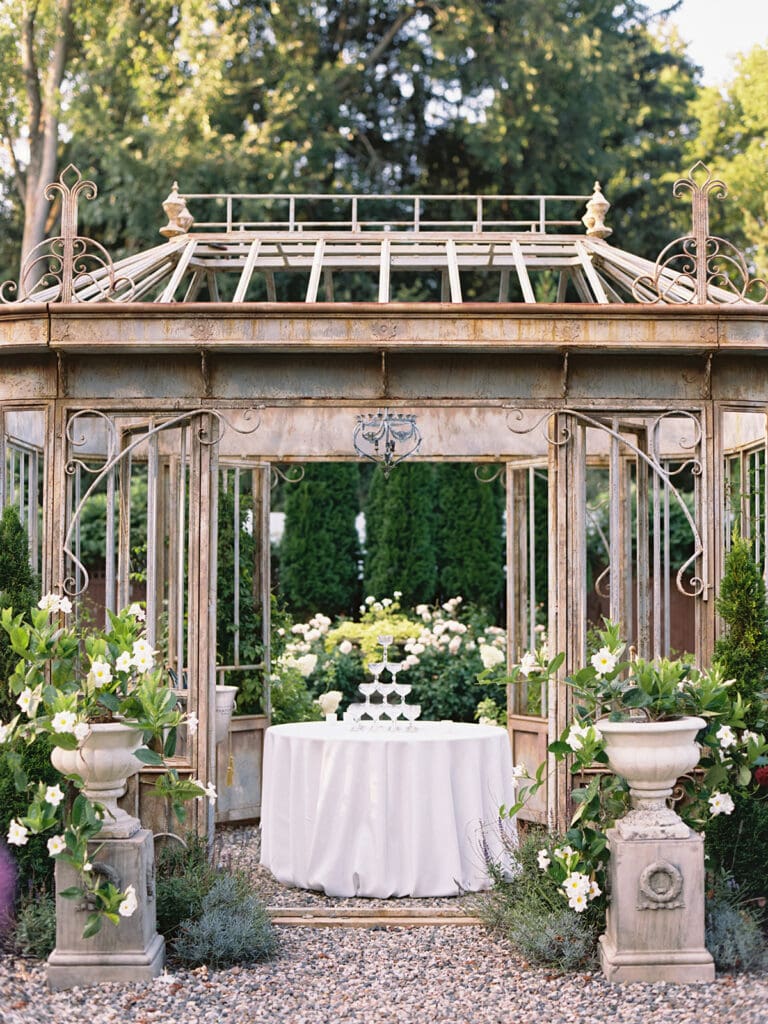 Champagne tower from a welcome wedding party at Greencrest Manor wedding venue in Battle Creek, Michigan