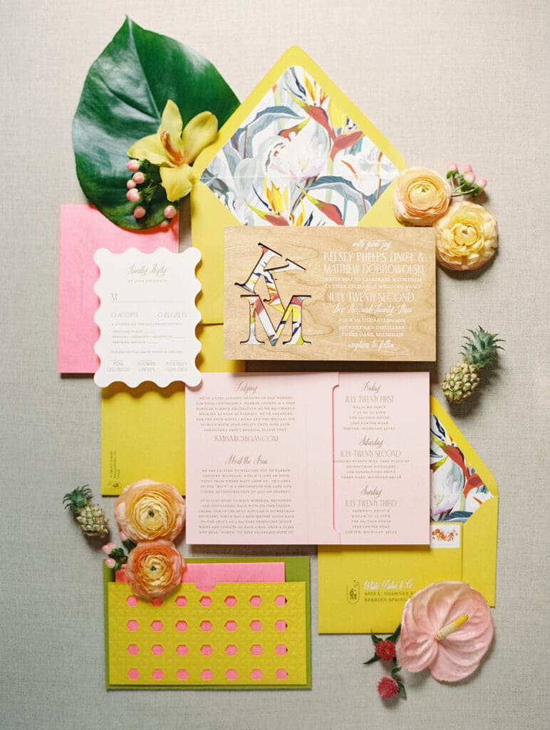 Colorful and tropical summer wedding invitations and details from a Journeyman Distillery wedding in Three Oaks, Michigan
