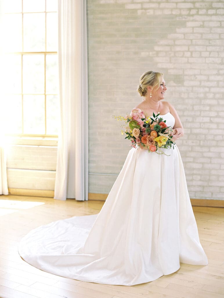 Indoor bridal portraits at Journeyman Distillery wedding venue in Three Oaks, Michigan