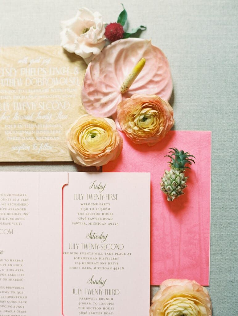 Colorful and tropical summer wedding invitations and details from a Journeyman Distillery wedding in Three Oaks, Michigan