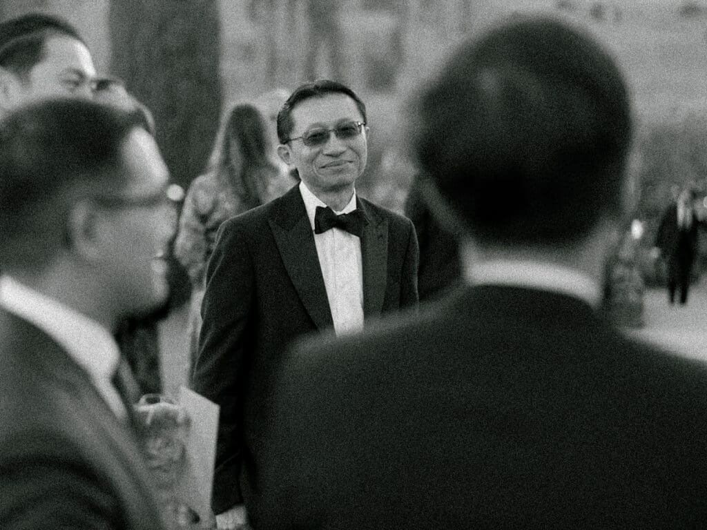 Black and white photo of guests enjoying cocktail hour at Viansa Winery