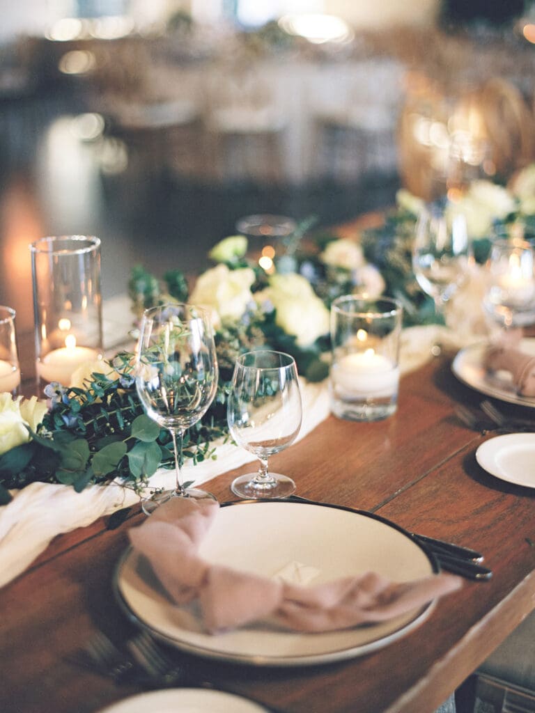 Elegant indoor Viansa Winery wedding reception decor in Sonoma, California on film