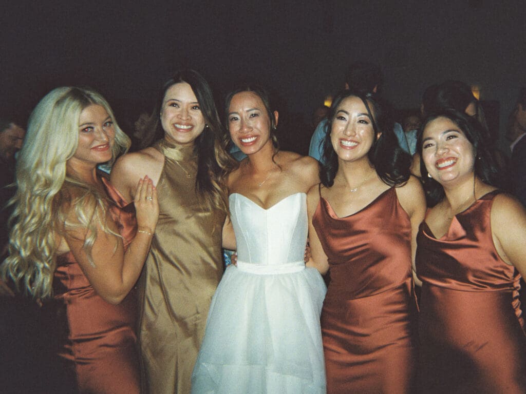 Bride and bridesmaids posing for photos at the reception captured on film