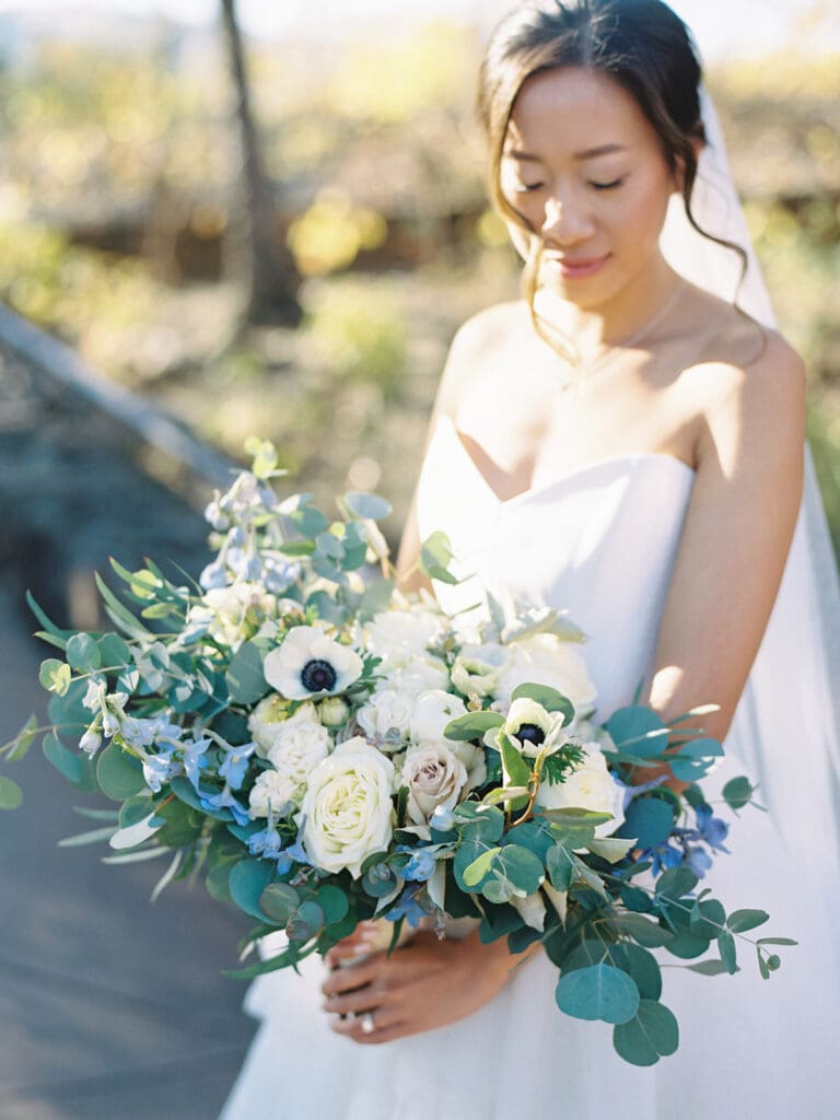 Outdoor bridal portraits with a bride holding a lush white wedding bouquet with hints of blue for her Viansa Winery wedding in Sonoma, California
