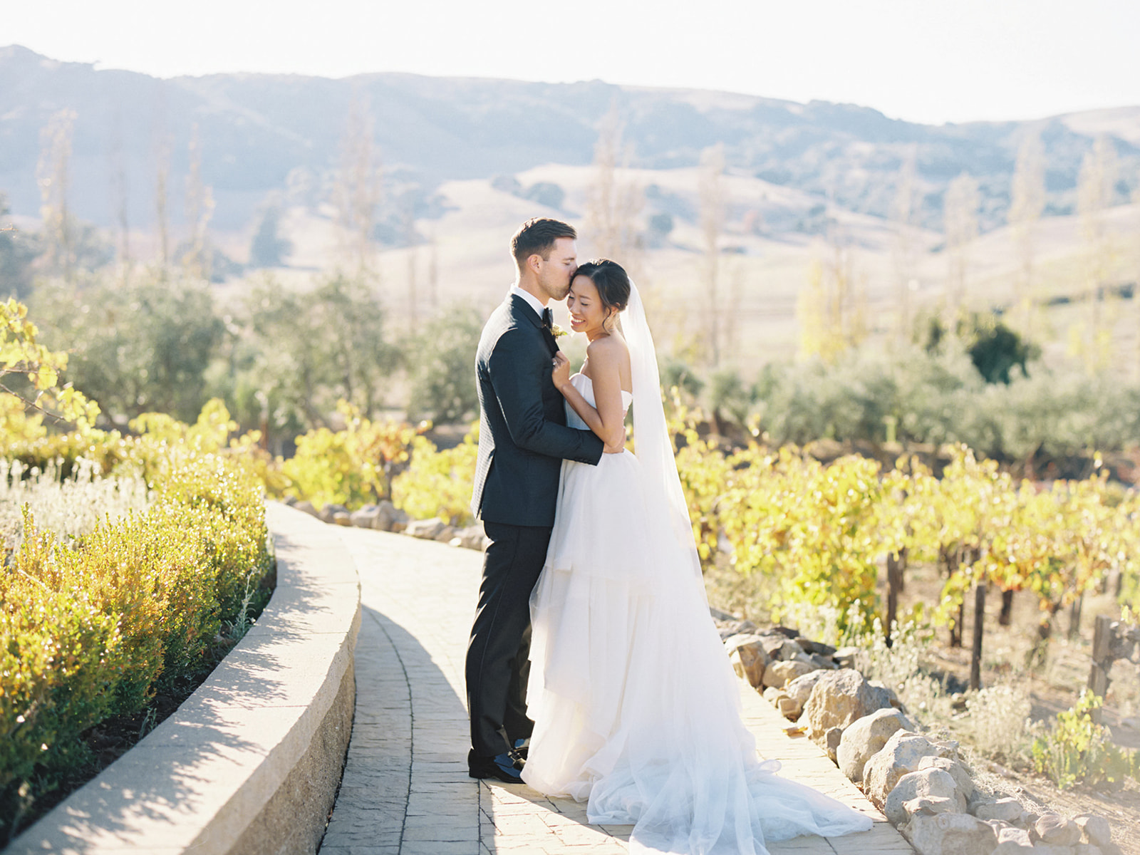 Bride and grooms outdoor fall wedding portraits at Viansa Winery wedding venue in Sonoma, California