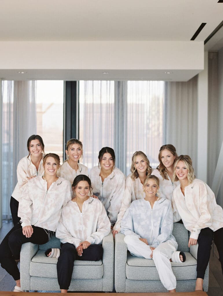 Bride and her bridesmaids in their getting ready outfits