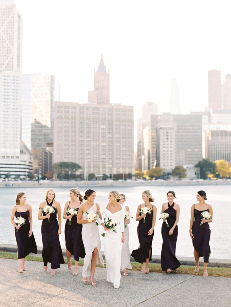 Bride and bridesmaids fall downtown wedding portraits