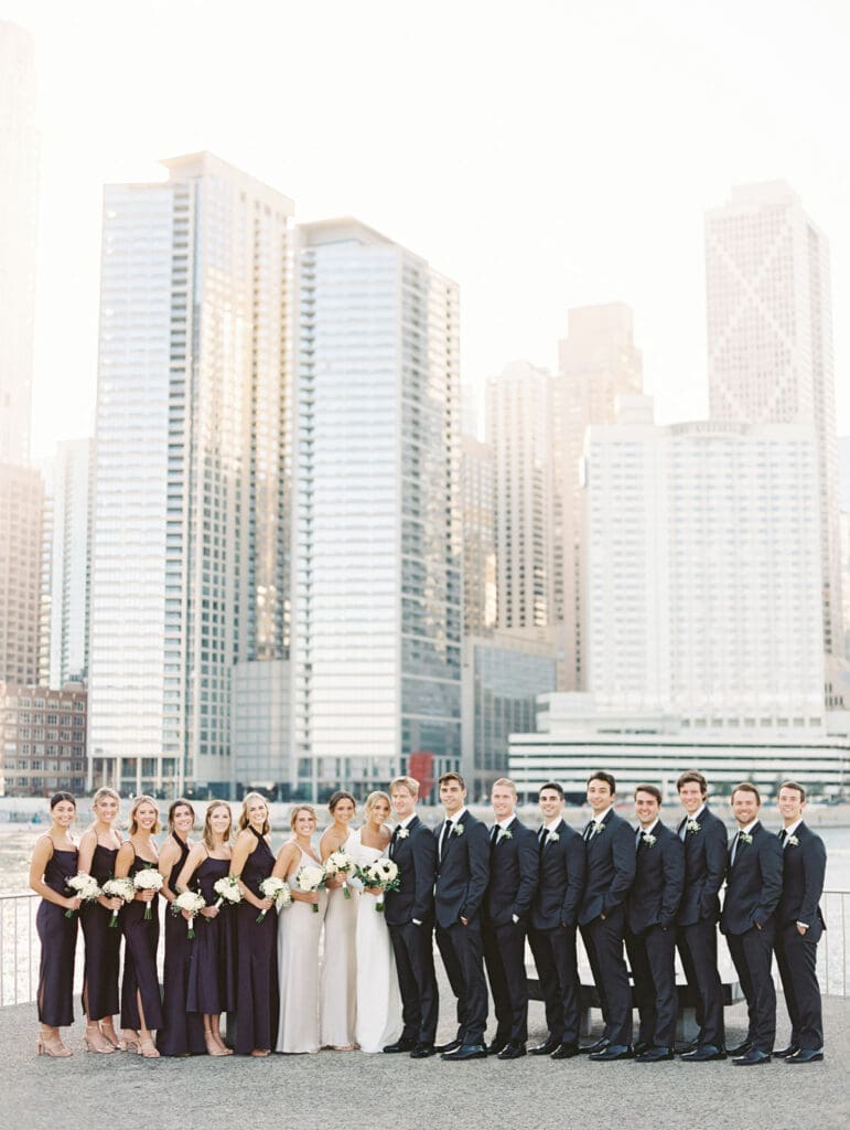 Full wedding party photos from a downtown Chicago wedding in the fall
