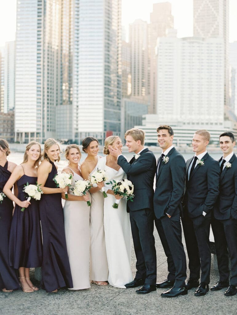 Full wedding party photos from a downtown Chicago wedding in the fall