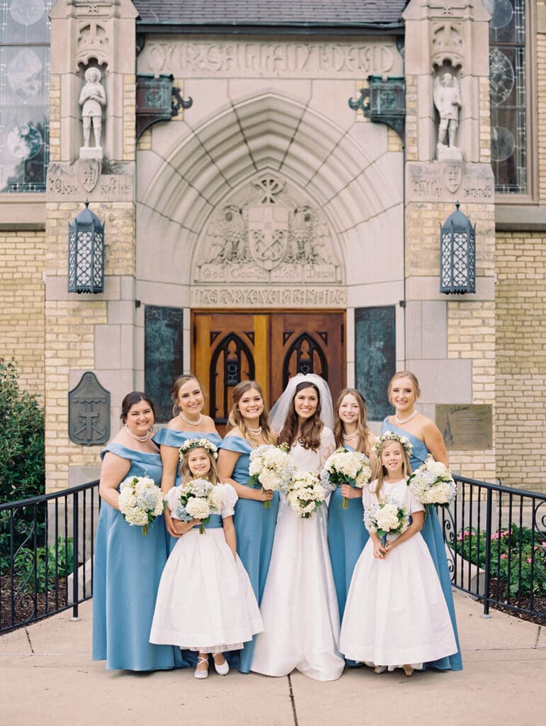 Bride and bridesmaids portraits captured on film from a University of Notre Dame wedding in Indiana