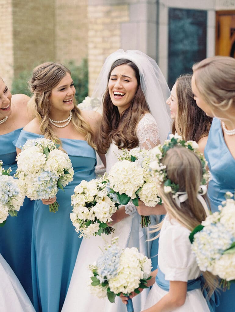 Bride and bridesmaids portraits captured on film from a University of Notre Dame wedding in Indiana