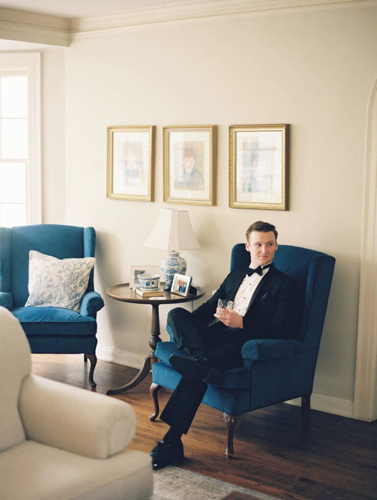 Indoor grooms portraits before his University of Notre Dame wedding in Indiana