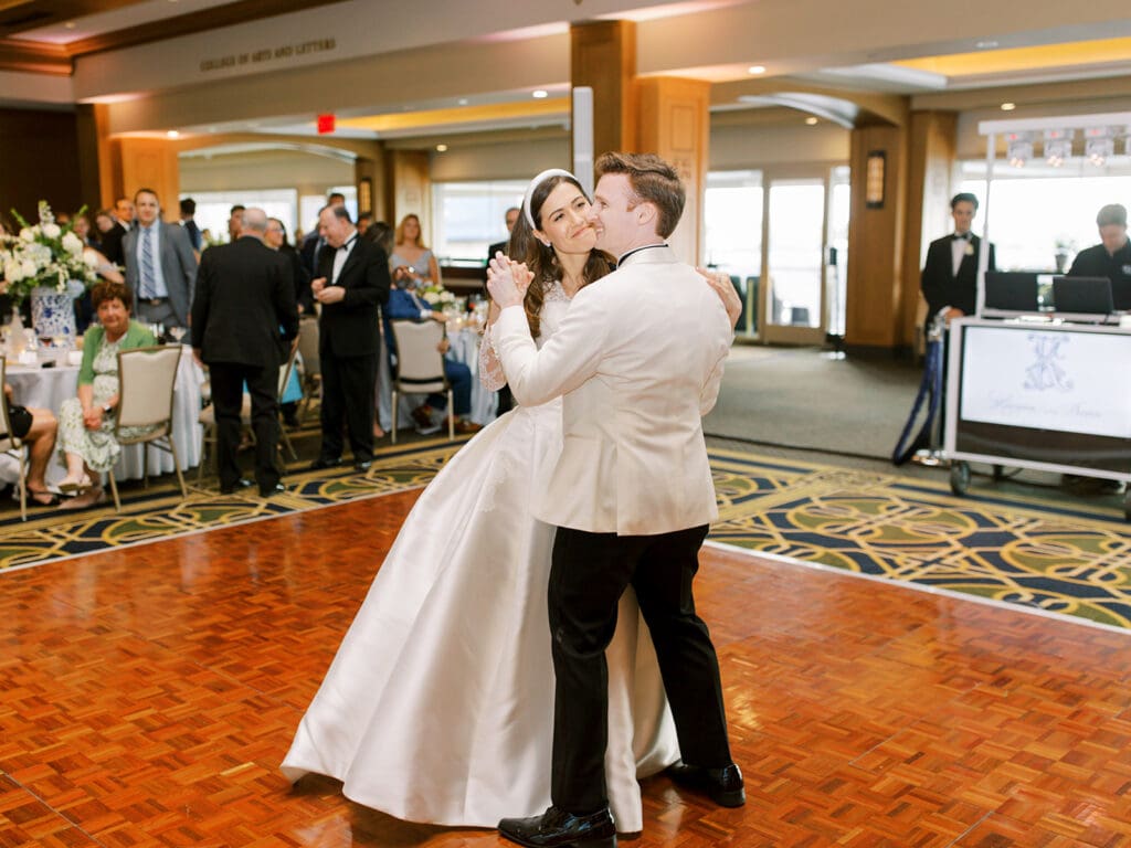 Bride and grooms first dance from their Notre Dame wedding reception in Downes Ballroom