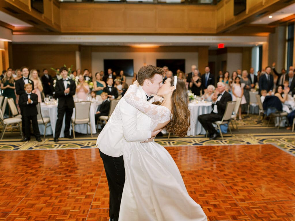 Bride and grooms first dance from their Notre Dame wedding reception in Downes Ballroom