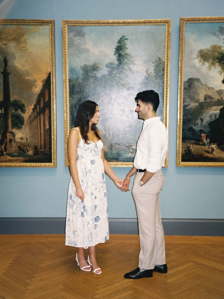 Flash film photo of a couples New York engagement session at The Met